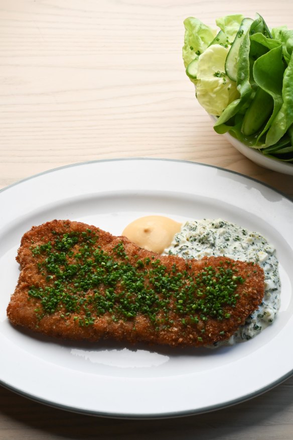 Veal schnitzel with gribiche and mustard sauces.