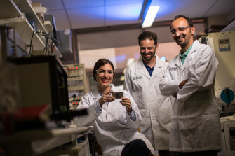 Mahdokht Shaibani, Matthew Hill and Meysam Mirshekarloo at their Monash University battery lab.