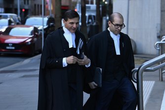 Ben Roberts-Smith’s barristers, Arthur Moses, SC (left) and Phillip Sharp and outside the Federal Court on Monday.