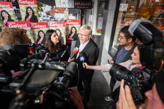 Kevin Rudd with Labor candidate for Chisholm Carina Garland in Box Hill on Tuesday.