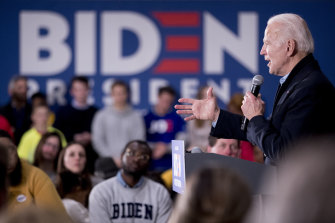 Democratic presidential candidate Joe Biden speaks at a campaign stop in Waterloo, Iowa on Saturday. 