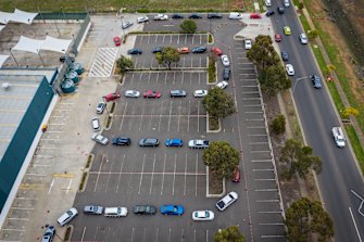 An aerial view of Melbourne’s new drive-through vaccination centre in Melton. 