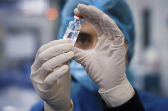 One of the first vials of the AstraZeneca vaccine manufactured at Sequiris/CSL in Melbourne