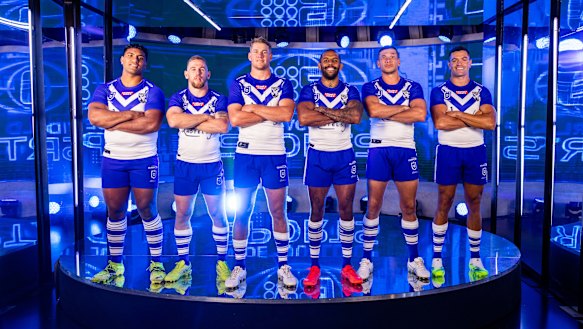 Canterbury’s 2022 recruits (L-R: Tevita Pangai jnr, Matt Dufty, Matt Burton, Josh Addo-Carr, Brent Naden and Braidon Burns) pose for a photo at Channel Nine studios. Paul Vaughan was absent due to COVID.