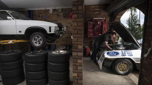 Madani’s V8 collection includes a ’72 Ford XA Falcon GT (left) and ’82 XE Fairmont Ghia ESP.
