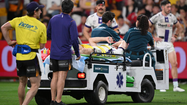 Ryan Papenhuyzen is taken off the field after suffering a serious ankle injury on Friday night.