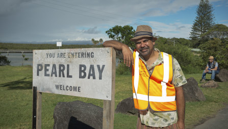 “Pearl Bay, gateway to free parking, pork pies and pelicans,” says newcomer  Riley Bolt (Wayne Blair).