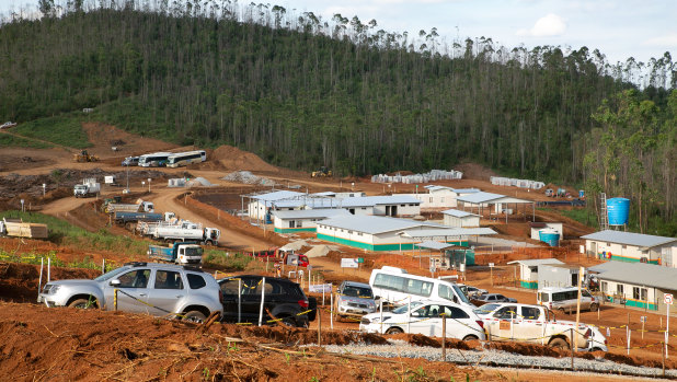 Temporary administration buildings line the roads already taking shape in the new Bento Rodrigues, Minas Gerais, Brazil. 