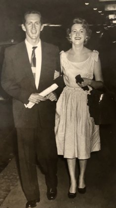 Frank and Moira outside Her Majesty's Theatre, Sydney.