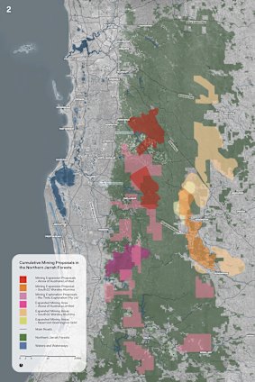 A map of proposed and operating leases in the Northern Jarrah Forest from Alcoa, South32 and Rio Tinto.