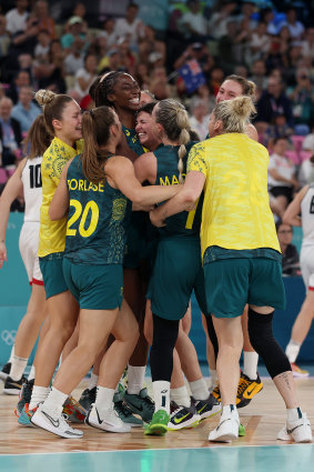 The Opals celebrate winning the bronze medal against Belgium.