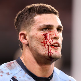 Nathan Cleary fought a battle against an open wound all first half before helping destroy the Maroons.  