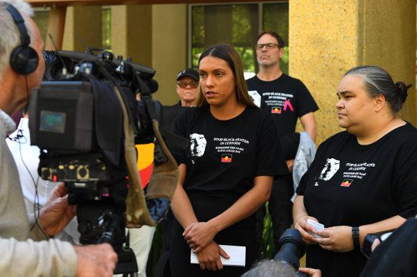 Tanya Day's daughters Apryl Watson and Belinda Day address the media outside the Coroners Court on Monday.
