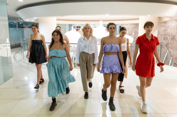 Models on the runway for the Baaby sustainable fashion show at 500 Collins Street for Melbourne Fashion Week. 
