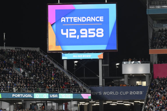 A giant screen shows the attendance for Portugal v United States in Auckland.