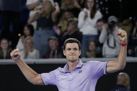 Hubert Hurkacz of Poland celebrates after defeating Denis Shapovalov of Canada in their third round match at the Australian Open.