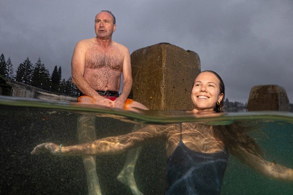 Robert Schade and Naomi Waters take a dip at Coogee’s Ross Jones Rockpool on Wednesday morning.