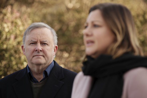Labor leader Anthony Albanese, alongside Labor's Eden-Monaro byelection candidate Kristy McBain, is promising to restore ABC funding.