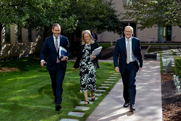 Treasurer Jim Chalmers, Finance Minister Katy Gallagher and Prime Minister Anthony Albanese at Parliament House in March last year.