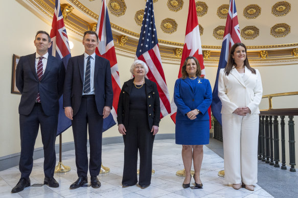 From left: Treasurer Jim Chalmers, British Chancellor of the Exchequer Jeremy Hunt, US Treasury Secretary Janet Yellen, Canadian Deputy PM and Finance Minister Chrystia Freeland, and NZ Finance Minister Nicola Willis.