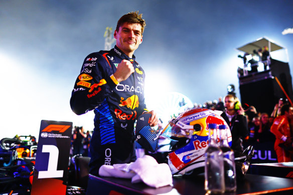 Max Verstappen celebrates his win in Bahrain.