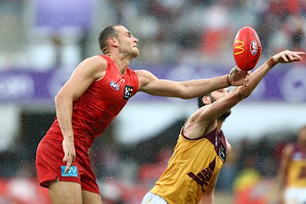 Jarrod Witts of the Suns in action during the round 20 AFL derby against the Lions.