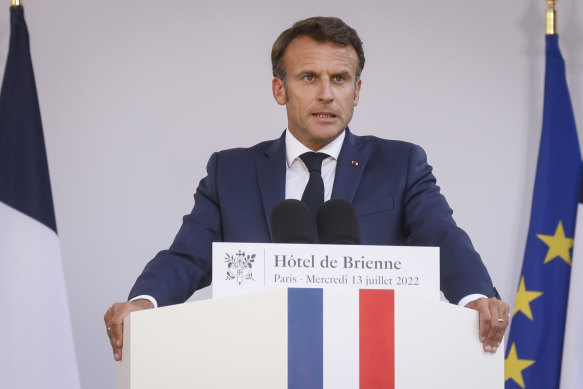 French President Emmanuel Macron during a speech to militaries on the eve of Bastille Day.