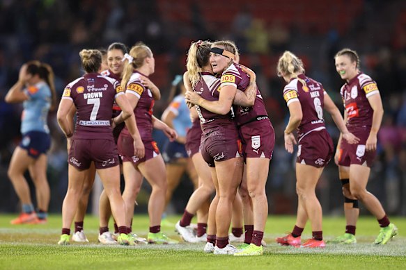 Queensland captain Ali Brigginshaw and Makenzie Weale embrace at full-time.