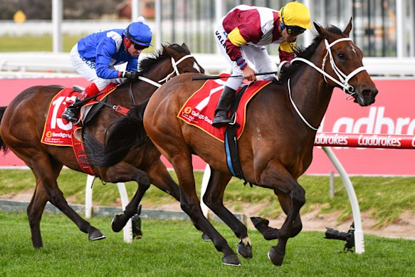 Michael Walker rides Brimham Rocks to victory the Bendigo Bank MRC Foundation Cup at Caulfield.
