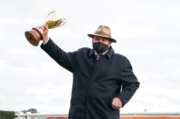 Trainer Peter Moody celebrates the win by Incentivise.