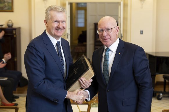 Tony Burke during a swearing-in ceremony with Governor-General David Hurley.