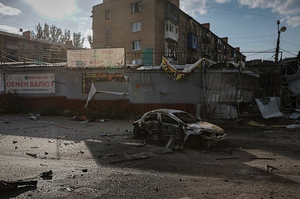 The town of Kostiantynivka in Ukraine after heavy battles with Russian troops in the Donetsk region on Sunday,