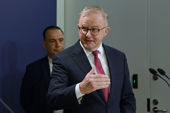 Australian Prime Minister Anthony Albanese pictured with NRL and NSW Racing chief Peter V’Landys in 2024.
