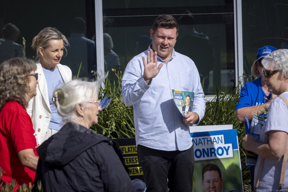 Liberal candidate Nathan Conroy at a pre-poll booth in Dunkley on Friday.