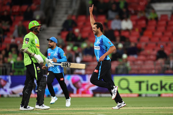 Strikers bowler Wes Agar after taking a wicket during the Thunder’s innings of 15 in December. 