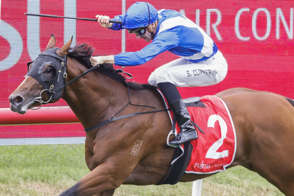 Best Of Bordeaux in Gerry Harvey’s silks races away with the the Silver Slipper at Rosehill last month.