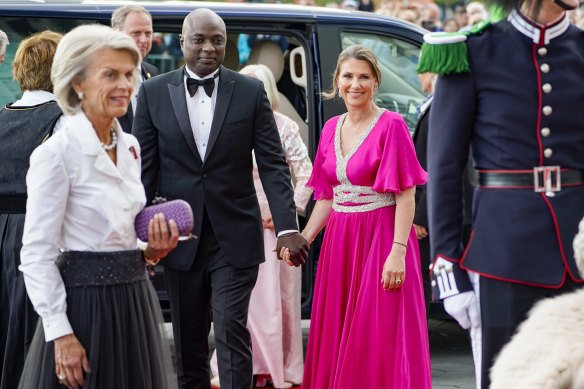 Norway’s Princess Martha Louise, right, and her fiance Durek Verrett arrive at a government event in Oslo in June.