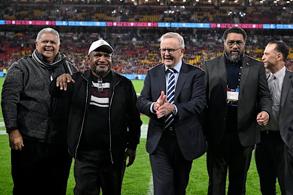 Pacific prime ministers: from left, Samoa’s Laʻauli Leuatea Schmidt, PNG’s James Marape, Australia’s Anthony Albanese and Tonga’s Fatafehi Fakafānua ahead of State of Origin game 3.