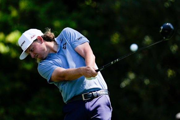 Cameron Smith tees off at the Masters in Augusta.