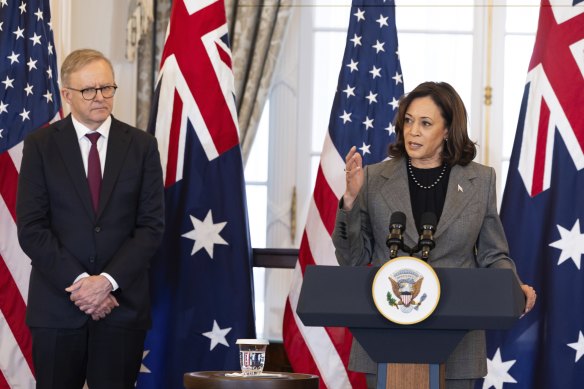 Prime Minister Anthony Albanese and US Vice President Kamala Harris during a state luncheon in Washington, during Albanese’s state visit to the US. 