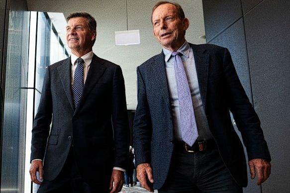 Leader of the Liberal Party Angus Taylor with former prime minister and Liberal Party federal president Tony Abbott.