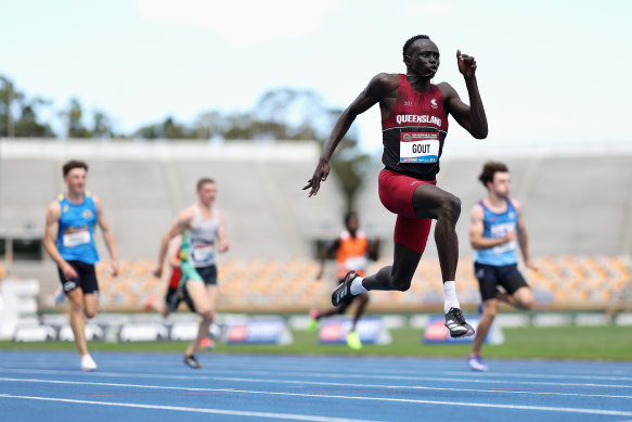 At the 2024 All Schools Athletic
Championships, where he broke the Australian 200-metre record as a 16-year-old. “I couldn’t really process it,” he says.
