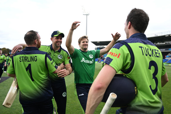 Ireland celebrate their big win against the West Indies.