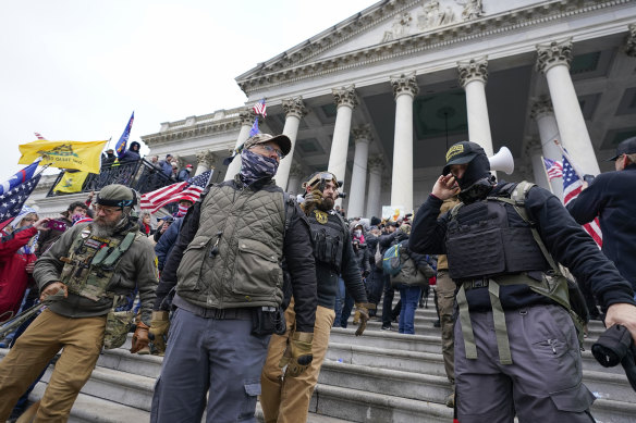 Members of the Oath Keepers on the East Front of the US Capitol on January 6, 2021, in Washington. 