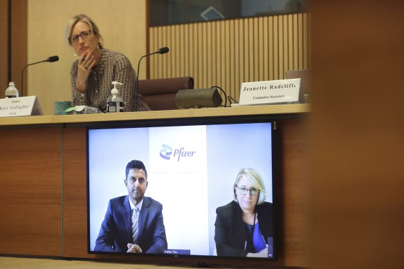 Pfizer Australia and NZ medical director of developed Asia Dr Krishan Thiru and market access director Louise Graham appear via videoconference as Senator Katy Gallagher listens, during a Senate hearing on COVID-19 on Thursday.