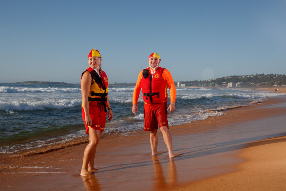 SLSC Club patrol captain Adrian Hill and volunteer Jacque Grimes on North Narrabeen beach.  