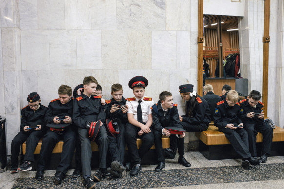 Young military cadets at the World War II museum in Moscow.