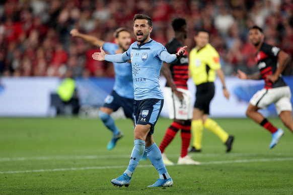 Kosta Barbarouses appeals for a goal before a VAR check decided the ball hadn't crossed the line during a match between the Western Sydney Wanderers and Sydney FC at Bankwest Stadium in October.