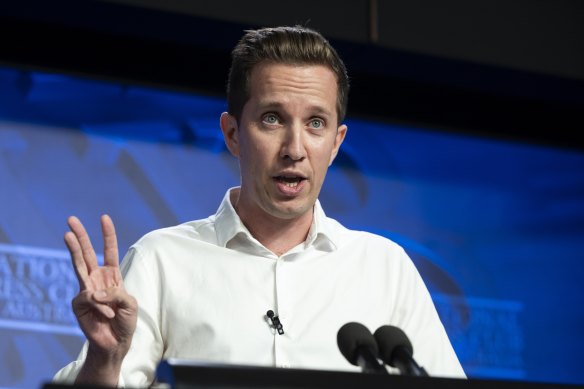 Greens housing spokesman Max Chandler-Mather speaks at the National Press Club of Australia in Canberra on Wednesday.