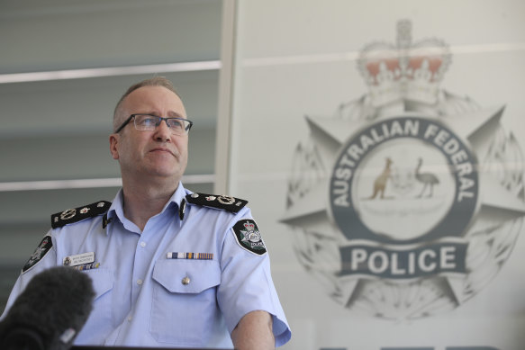 Australian Federal Police Deputy Commissioner Ian McCartney addresses the media during a press conference at the AFP headquarters in Canberra in 2020. 